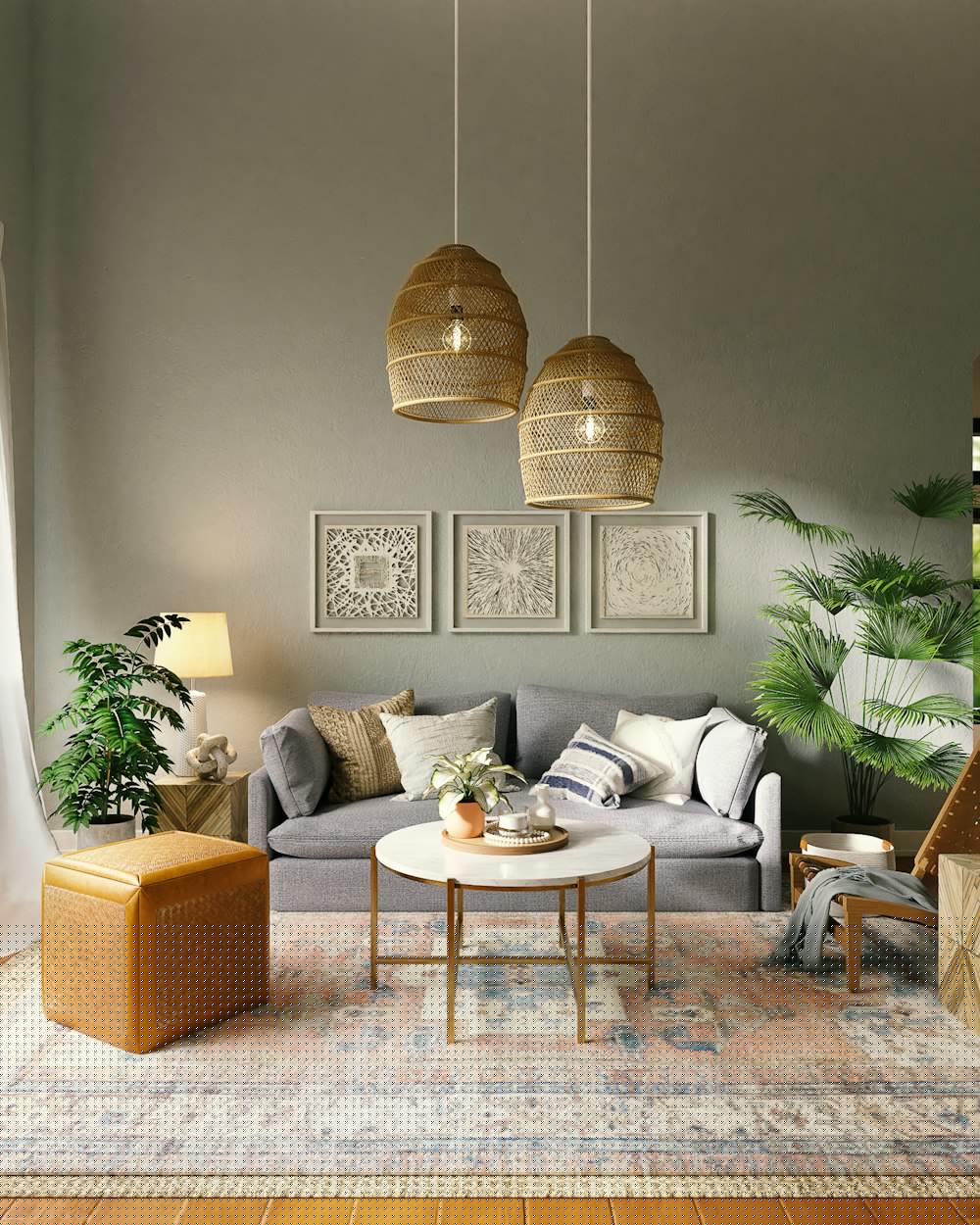 Warm living room with rattan pendants and terracotta accents